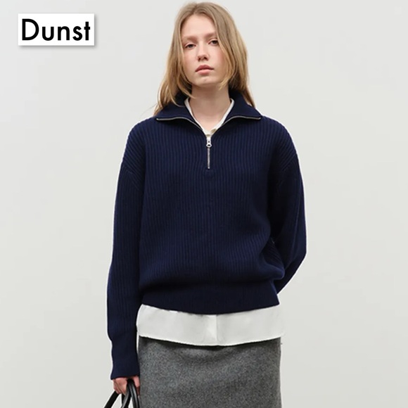 Dunst Sweaters - Dunst Half Zip Ribbed Wool Sweater Navy S Chunky Knit Minimalist Quiet Luxury